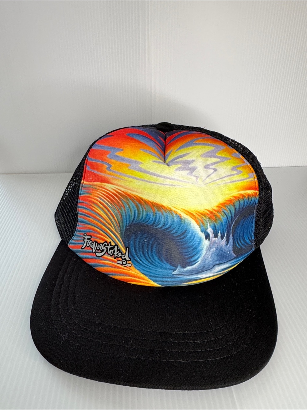 Black Trucker Hat with Colorful Surf Sunset Graphic